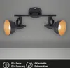 A black and gold metal ceiling spotlight with two adjustable lamps. Produktbild-Vorschau