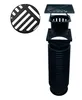 An exploded view of a black drainage system component, including a grate, a filter basket, and a corrugated pipe section, against a white background. Produktbild-Vorschau