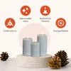 Three LED candles of varying heights are displayed on a pedestal, with pinecones in the foreground. The background features icons and text highlighting product features. Anteprima dell’immagine prodotto
