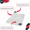 A transparent tarp is shown with red arrows pointing to its reinforced edges and attachment points. Produktbild-Vorschau