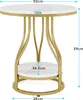 A round side table with two tiers, featuring a marble-like top and shelf, supported by a gold metal frame. Dimensions are indicated with measurement lines and text. Produktbild-Vorschau