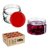 A collage of glass jars, one filled with cherries, one empty with a lid, and a box of 100 jars. Produktbild-Vorschau