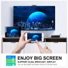 A TV, tablet, and smartphone are shown displaying the same image, with hands holding the smartphone and tablet. A small black device is on the shelf below the TV. Text overlays describe the product's features. Náhled obrázku produktu