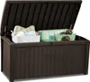 An open brown deck box filled with cushions and decorative items. Produktbild-Vorschau