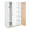 An open three-door wardrobe with white exterior and wood-effect interior shelves and one door. Produktbild-Vorschau