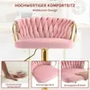 A pink bar stool with a gold frame, shown with close-ups of its material and cushioning. Produktbild-Vorschau