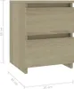 A close-up, front-facing view of a light oak-colored nightstand with two drawers. Dimensions are indicated with lines and text on the left and bottom sides of the image. Produktbild-Vorschau