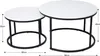 Two nesting round coffee tables with white tops and black metal frames. Dimensions are shown with measurements. Náhľad obrázku produktu