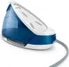 A blue and white steam iron with its cord. Produktbild-Vorschau