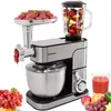 A multi-functional kitchen appliance with attachments for grinding meat and blending fruits, shown with ingredients and a finished smoothie. Produktbild-Vorschau