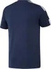 A plain studio shot of the back of a navy blue t-shirt with white stripes on the shoulders. Voir les images du produit