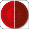 A circular graphic divided into two halves, each displaying text and an hourglass symbol. The left half is bright red, and the right half is a darker red. Produktbild-Vorschau