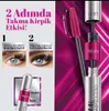 A marketing image for mascara, showing before and after application, and the product itself with its components. Produktbild-Vorschau