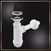 A white sink drain assembly with a black stopper is shown against a black background. Podgląd zdjęcia produktu