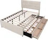A beige upholstered bed frame with a tufted headboard and three pull-out drawers is shown from a diagonal angle against a white background. Produktbild-Vorschau