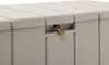 A close-up shot of a light gray plastic storage box with a padlock on the lid. Produktbild-Vorschau