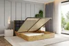 A bed with its storage compartment open, showing the slatted base and mattress. The bed is in a bedroom setting with a nightstand and curtains. Produktbild-Vorschau