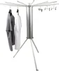 A silver rotating clothes drying rack with clothes hanging on it, set against a white background. Produktbild-Vorschau
