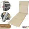 A beige chaise lounge cushion is shown laid out flat, with close-up insets demonstrating how it attaches to a chair frame. Produktbild-Vorschau