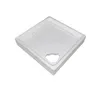 A white square shower tray with a cut-out for a drain is shown from a slightly elevated angle against a white background. Produktbild-Vorschau