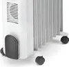 Close-up of the bottom part of a white oil-filled radiator with wheels. Produktbild-Vorschau