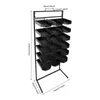 A black metal display stand with multiple shelves for hats, shown with dimensions indicated. Náhled obrázku produktu