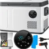 A white and gray portable cooler with a digital display and accessories. Produktbild-Vorschau