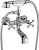 A close-up studio shot of a chrome-plated bathtub faucet with a retro-style handheld shower attachment. Produktbild-Vorschau