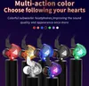 A display of multiple colored earphones on black stands against a dark purple background, with promotional text above. Produktbild-Vorschau
