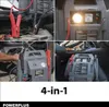 A collage of four images showing a car jump starter kit being used in different scenarios. Produktbild-Vorschau