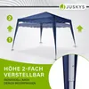 A blue pop-up gazebo is shown with indicators for adjustable height. Podgląd zdjęcia produktu
