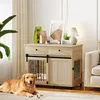 A golden retriever dog is lying on the floor in front of a wooden dog crate furniture piece. The crate has a sliding door and a cabinet door. On top of the crate are two bags of dog food, a framed picture, and a lamp. Náhled obrázku produktu