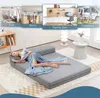 A woman is lying on a gray sofa bed, with several inset images showing different uses of the sofa. Náhled obrázku produktu