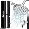 A black solar shower with a shower head and faucet, along with a protective cover. Produktbild-Vorschau