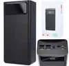 A collage of images showing a black power bank, its packaging, and a close-up of its ports and display. Produktbild-Vorschau