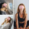 Collage of three lifestyle images showing a person using a pink eye mask in different settings: on an airplane, sleeping in a chair, and meditating. Náhľad obrázku produktu