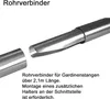 A close-up view of a metal pipe connector for curtain rods, with text explaining its use. Produktbild-Vorschau