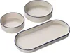 Three ceramic dishes with blue trim on a white background. Voir les images du produit