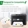 A printer is shown with printed charts and graphs coming out of it, with a list of compatible printer models in the background. Produktbild-Vorschau