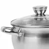 A close-up view of a stainless steel pot with a glass lid and handle, set against a white background. Produktbild-Vorschau