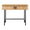 A console table with a wooden top and black metal legs, shown against a white background. Podgląd zdjęcia produktu