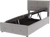 A grey upholstered bed frame with the mattress support mechanism lifted to reveal the storage space underneath. Náhľad obrázku produktu