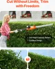 A woman is using a cordless hedge trimmer to trim a hedge. The image also shows before and after shots of a hedge. Produktbild-Vorschau