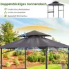 A dark gray gazebo with a double roof, set in a garden with plants and trees. Arrows indicate airflow and sunlight. Produktbild-Vorschau