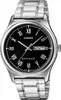 A close-up studio shot of a men's wristwatch with a black dial and silver metal band. Podgląd zdjęcia produktu
