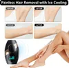 Collage showing before and after images of hair removal on underarms and arms, with a hair removal device and a person's legs. Produktbild-Vorschau