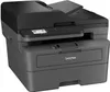 A studio shot of a black and gray Brother laser multifunction printer. Produktbild-Vorschau