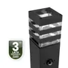 A black outdoor bollard light with clear glass sections and a motion sensor, shown against a white background. A green badge indicating 3 years warranty is present on the left. Produktbild-Vorschau