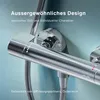 Close-up of a chrome shower thermostat with text overlays. Produktbild-Vorschau