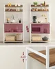 Two similar kitchen shelves side-by-side, showing a difference in the lower cabinet contents, with a close-up detail of shelf spacing. Náhled obrázku produktu